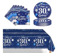 37 Pièces Assiette Vaisselle Jetable Anniversaire Kit,Bleu Argent Decoration Anniversaire Vaisselle 30 Ans Garçon Fille,Nappe Papier Assiette Serviette pour Decoration Anniversaire 30 Ans Cadeau