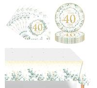 37 Pièces Eucalyptus Assiette Vaisselle Jetable Anniversaire Kit,Vert Sauge Decoration Anniversaire Vaisselle 40 Ans Garçon Fille,Nappe Papier Assiette Serviette pour Decoration Anniversaire 40 Ans
