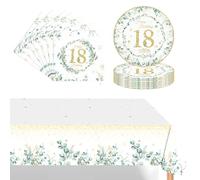 37 Pièces Eucalyptus Assiette Vaisselle Jetable Anniversaire Kit,Vert Sauge Decoration Anniversaire Vaisselle 18 Ans Garçon Fille,Nappe Papier Assiette Serviette pour Decoration Anniversaire 18 Ans