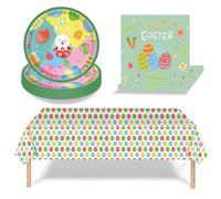 37 Pièces Vaisselle de Pâques - Assiettes en Papier, Serviettes, Nappes, Fournitures et Décorations de Table Colorées en Forme d'Œuf et Lapin pour Dîner et Dessert