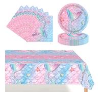 37 Pièces Vaisselle de Sirène en Papier,16xAssiettes en Papier,20xServiettes,Nappe,Ensemble de Vaisselle pour Fournitures de Fête Sur Le Thème Des Princesses Sirènes Et Des Fonds Marins pour Filles
