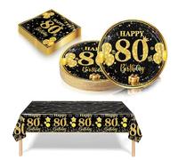 37 Pièces Vaisselle Jetable Anniversaire 80 Ans Deco Table Anniversaire Noir Or,80 Ans Assiette en Carton Jetable Plastique Nappe Serviette pour Homme Fille Femme Decoration d’Anniversaire(16 invité)