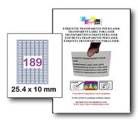 3780 ex Etiquette adhésive en polyester transparent mat laser 25.4 x 10 mm (189 étiquettes par planche) soit 20 feuilles pour imprimante laser autocollant pour tout support lisse (plastique, verre, métal) résistante à l'humidité et la chaleur. Idéal pour autocollants, Stickers, vignnattes, et pour l’étiquetage des surfaces et emballages d'aspect mat ou l'étiquette doit rester invisible (flacons, bidons, boites, produits) ref UGEPE-M10
