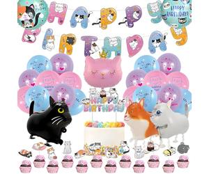 37PCS Décorations D'Anniversaire En Forme De Chat Set Compris Airwalker Cat Ballons Cake Topper Happy Birthday Bannière Globos De Látex y Aluminio Déco Pour La Fête d'Anniversaire Des Enfants