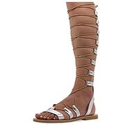 38 argent Emmanuela Sandales en cuir à haut genou dans un style grec ancien, sandales de gladiateur plat à la main avec orteils ouverts, chaussures d'été de haute qualité pour attacher les femmes