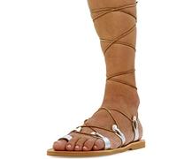 38 argent Emmanuela Sandales en cuir haute en cuir dans un ancien style grec, gladiateur à la main, Sandales de reliure, chaussures d'été, sandales à lacets à la dentelle