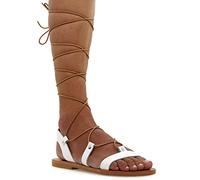 38 blanc Emmanuela Sandales en cuir à haut genou dans un style grec ancien, sandales de gladiateur plat à la main avec orteils ouverts, chaussures d'été de haute qualité pour attacher les femmes