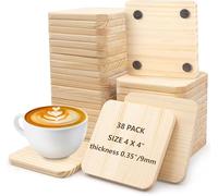 38 Dessous de Verre en Bois Non Fini, 10 cm, carrés, épais, avec 150 pastilles antidérapantes en Silicone pour DIY, Dessin, Peinture, Gravure sur Bois, décoration