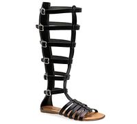 38 noir Emmanuela Anciens Sandales en cuir Gladiateurs à la main en cuir, genou haut avec fermeture à glissière arrière sur la tige, chaussures d'été à plat avec des bretelles pour femmes