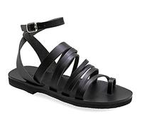 38 noir Emmanuela Emmanuela Antique Sandales grecques, sandales plates en cuir de haute qualité en cuir à la main, Sandales à boucle réglable, Boho chic cheville Chaussures d'été