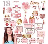 38 pièces Accessoire Photobooth Anniversaire 18 Ans Or Rose,Kit Anniversaire Moustache Lunettes Masque Accessoire Photo,Photo Booth Props pour Fête d'anniversaire Mariage Halloween Disco