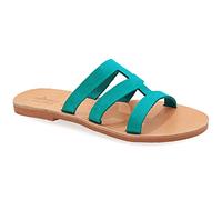 38 turquoise Emmanuela Sandales en style grec, sandales en cuir plat à la main avec orteils ouverts, chaussures d'été pour femmes, glissement sur la bracelet croix sandales coulissantes