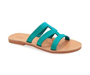 38 turquoise Emmanuela Sandales en style grec, sandales en cuir plat à la main avec orteils ouverts, chaussures d'été pour femmes, glissement sur la bracelet croix sandales coulissantes