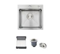 38 x 38 cm Evier Cuisine Inox 1 Bac avec Panier Télescopique, Brossé | Évier 1 Cuve Acier Inox, Pose Encastrée ou Sur Plan, Équipé de 2 Trous Robinetterie, Bonde de Vidange Complète