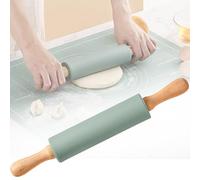 38cm Rouleau à Pâtisserie Coque Silicone avec Poignées Bois & Antiadhésif Surface, Rouleaux Manche en Bois Hêtre Cuisine pour Cuisson Fondant, Pizza, Gâteau, Pâte, Biscuits, Bleu