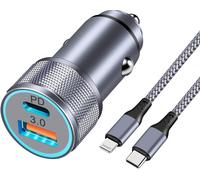 38w 2 Ports Usb Cigarette Lighter Socket And 1m Nylon Braided Lightning Cable Fast Usb C Car Charger With Pd/Qc, Ac Adapter Compatible With Iphone 14/12/11/Pro/Max/Plus/Mini/Se