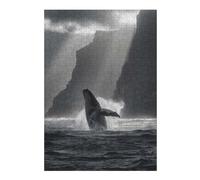 38x26cm/1000pcs Puzzles pour Adolescents Breaching Whale at Coastal Cliffs in Black and White Puzzles pour Adultes Jeux Amusants Vacances À La Maison Passer Le Temps Défi À Compléter 38x26cm/1000pcs