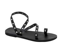 39 noir Emmanuela Antique Bague à bout plate grecque en cuir avec rivets en métal, chaussures d'été à la main de haute qualité avec bretelles de cheville pour femmes, sandales à bout ouvert