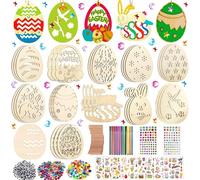 396PCS Decoration Paques en Bois Kit,Ornements en Bois de Pâques,Pendentifs de Pâques en Bois,avec Stylo Aquarelle,Rhinestones,Cloches,Yeux,Cordes,Autocollants,pour Décoration de Pâques (Couleur C1)
