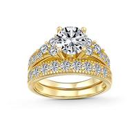 3CT Round Solitaire Side Stones AAA CZ Pave Wedding Band Ensemble De Bagues De Fiançailles 14K Or Jaune De Fiançailles Plaqué .925 Argent Sterling