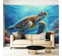 3D Art Photo Papier Peint Panoramique - Animaux Océan Tortues Marines Récifs Coralliens Poster Geant Mural Décoration pour Chambre Salon Chambre D'enfant, Bleu Papier Peint intissé Murale 400 x 280 cm