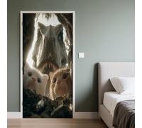 3D Auto-Adhésif 77x200cm Stickers Porte Dinosaure, Sticker Mural Porte Tyrannosaure Rex, Autocollant de Porte Chaton Mignon, Chambre Salon Art Décoration Papier Peint Poster