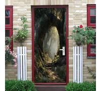 3D Auto-Adhésif Porte Autocollants 83x205 cm Secret Du Trou de L'Arbre de La ForêT Peintures Murales de Porte Amovible Vinyle étanche Vert Foncé pour Chambre Salle De Bain Papier Peint Art Déco