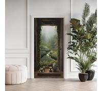 3D Auto-Adhésif Stickers Porte Montagne Thé Vert Sticker Mural Porte Zen Chinois Autocollant de Porte Culture du Thé Papier Peint PVC Imperméable Amovible Maison Déco 80x200cm