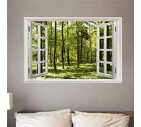 3D Autocollant Mural Fausse Fenêtre Forêt verte Stickers Muraux en PVC - Trompe l'oeil Fenêtre Mural Art Stickers pour Salon Chambre Décoration 60cm*90cm