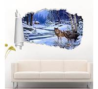 3D Autocollant Mural Loups Dans La Neige 3D Trou Déchiré Sticker Mural Décalque Art Mural Animaux 80x120cm