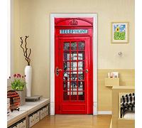 3D Autocollant Porte Cabine Téléphonique Rouge Sticker de Porte PVC Papier Peint Mural Amovible pour Salon Cuisine Chambre Salle de Bain Décoration 77cm*200cm