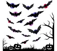 3D Bats Halloween Wall Decor with LED Lights, Halloween 3D Lighted Bats Window and Wall Stickers, Waterproof PVC Spooky Decorations for Indoor Outdoor Party Home Decor (12pcs)