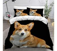 3D Chien de Compagnie Housse de Couette 220x240cm,Welsh Corgi Pembroke Parure de Lit,Noir Animal Chien Housse Couette Enfants Garçon Fille 2 Personne ,2 Taies d'Oreillers 50x75cm