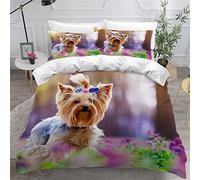 3D Chien de Compagnie Housse de Couette 220x240cm,Yorkshire Terrier Parure de Lit,Prairie Fleurie Animal Chien Housse Couette Enfants Garçon Fille 2 Personne ,2 Taies d'Oreillers 50x75cm