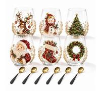 3D Christmas Glasses Drinking Art Cup, Raised Holiday Glassware Stemless, Santa Snowman Stemless Wine Glass, Winter Table Decor for Coffee, Tea, Juice, Milk, Party Home Festive Decor Gifts (6PCS)