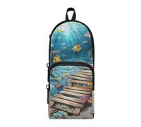 3D Creative Floor Painting Ocean Nylon 3 Compartiments Grande trousse à crayons multifonction et esthétique Trousse de rangement pour l'école secondaire