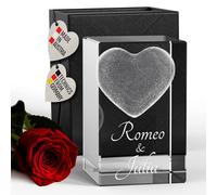 3D Cristal de verre 80mm cuboïde | Coeur | Gravure avec deux noms | Cadeau partenaire