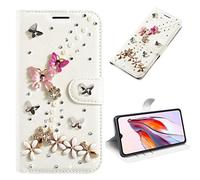 3D Cristal Sparkle Case pour Samsung Galaxy A05S Coque Briller Diamant Strass Housse Pochette en Cuir Back Etui Folio Couverture Protecteur Coquille pour Samsung Galaxy A05S,Papillon Fleurs Roses