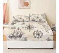 3D Drap Housse 140x190 cm Voilier Drap-Housse 140x190 cm - pour lit de 140 x 190 à 30 cm - Hauteur du Matelas, Boussole Housse de Matelas 2 Personnes avec 2 Taie d'oreiller T900