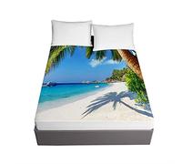 3D Drap Housse en Microfibre, Chickw1 Vagues de Plage Imprimé Housse de Matelas 30cm Épais Protection de Matelas - Antidérapants Résistant Décoloration aux Rides (Cocotier,140x200x30cm)