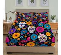 3D Drap Housse en Microfibre, Motif de CrâNe du Jour des Morts Housse de Matelas 30cm Épais Protection de Matelas - Antidérapants Résistant Coloré 3 Pièces Parure de Lit (140x190x30cm)