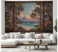 3D Effet Sticker Mural 3D En Bois Pour Fenêtre Tapisserie Art Mural Tapisserie Murales,Palmier Coucher De Soleil Murale En Tissu Pour Chambre Salon Serviette De Plage Tenture Murale 200 x 150 cm