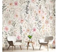 3D Enfant Papier Peint Panoramique Gris Rose Fleurs Et Feuilles Vertes,400X280Cm Aquarelle Pastorale Grandes Murales Poster Tableaux Pour Salon,Adulte Chambre D'Enfants,Étude Décoration Muraux