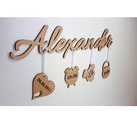 3D enfants Inscription en bois véritable - votre nom au choix Inscription que dans différentes tailles - + 4 Pendentif avec individuels données de l'enfant - Cadeau de Naissance personnel