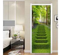 3D Escalier D'Herbe Verte De Forêt 88 X 200 Cm Art Porte Autocollant Pour Chambre Salon Salle De Bains, Sticker Mural Autocollant Imperméable Amovible Porte Peintures Murales Papier Décoration La Mai