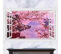 3D Faux Fenêtre Paysage Stickers Muraux, Japonais Fleur De Cerisier Papier Peint Salon Cuisine Décalcomanies Amovibles, Décorations Pour La Maison-60X90 Cm,Wall Stickers,Chrihstmas Decorations