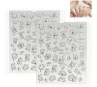 3D Fleurs Blanche Stickers Ongles, 2 Feuilles Stickers Ongles Auto-adhésifs 5D en Relief, Autocollants Ongle Motifs Fleurs et Textes, Accessoires pour Nail Art