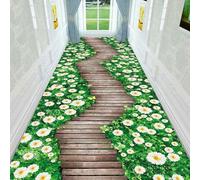 3D Floral Fleur Blanche Vert Feuille Runner Tapis Antidérapant Lavable pour Couloir Entrée Bureau Salon Chambre Cuisine Sol Décoration Moderne