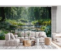 3D Fototapete Vliestapete Wald 300x210 cm Non-Woven Wandbild abwaschbare geruchsneutrale Wandtapete Bäche Wasserfälle Mural TV Hintergrund Motivtapete für Wohnzimmer Schlafzimmer Flur 13Q-12