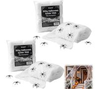 3D Halloween Spider Web with 50 Spiders,300g Stretchable Cotton Spider Web Outdoor Decoration, Horror Decoration for Outdoor Party, Garden, Garden Decoration，2pcs-600g